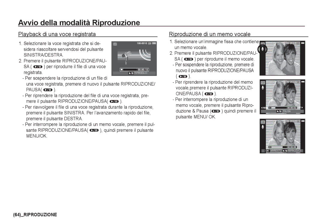 Samsung EC-I80ZZSBA/E1 Playback di una voce registrata, Riproduzione di un memo vocale, Sinistra/Destra, Pulsante MENU/ OK 