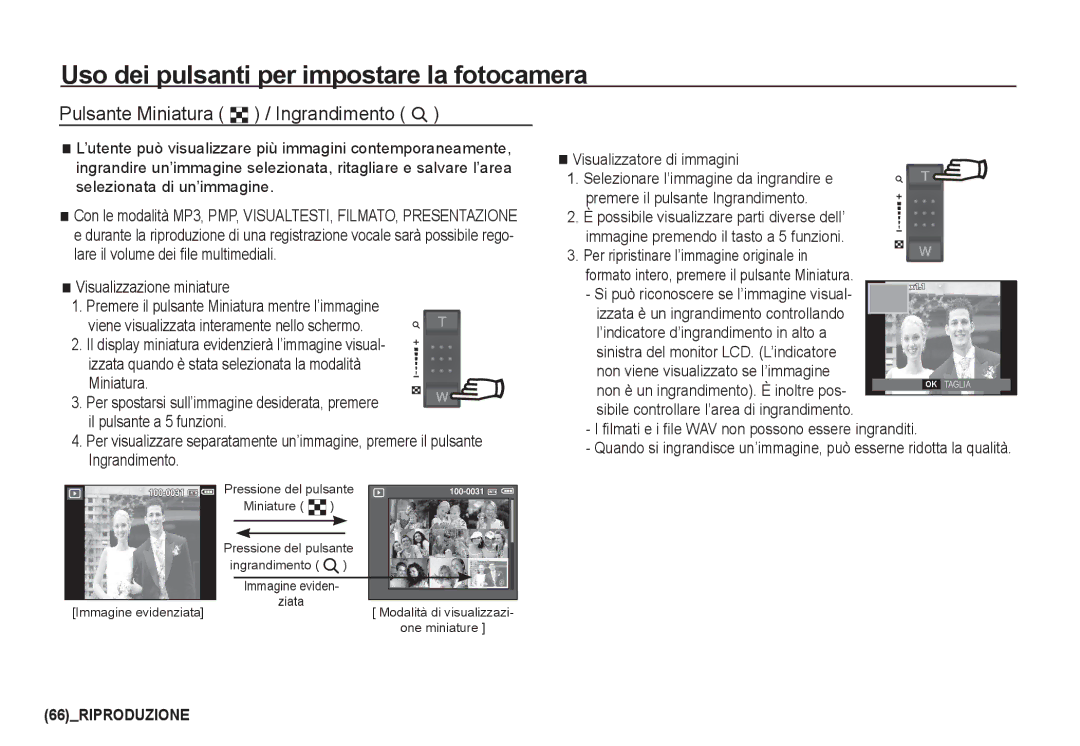 Samsung EC-I80ZZBBA/IT manual Uso dei pulsanti per impostare la fotocamera, Pulsante Miniatura º / Ingrandimento í 