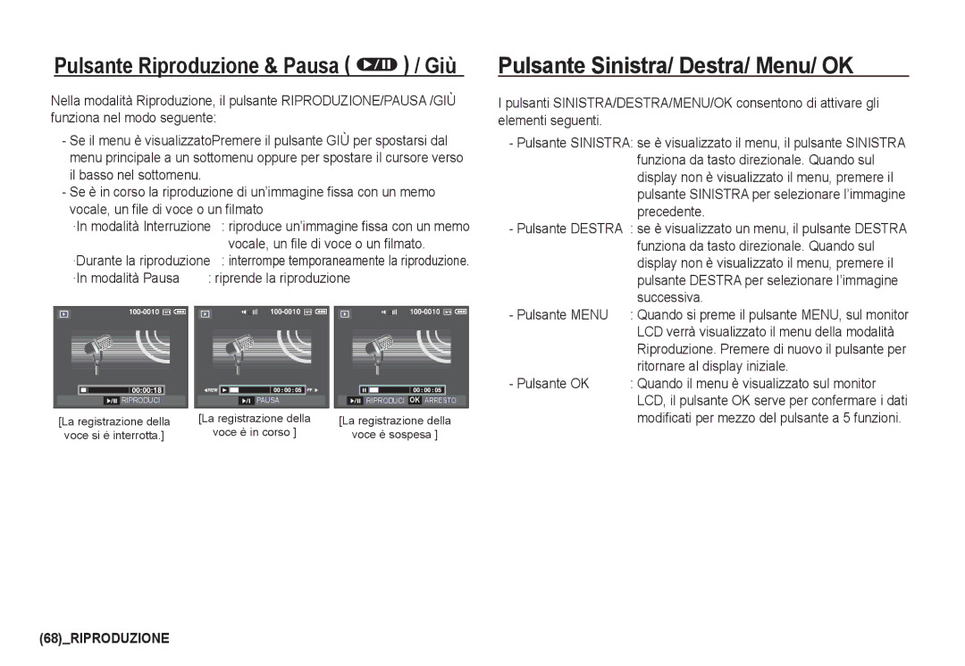 Samsung EC-I80ZZSBB/E1, EC-I80ZZSBA/E2, EC-I80ZZBBA/E2, EC-I80ZZBDA/E3, EC-I80ZZSDA/E3 Pulsante Sinistra/ Destra/ Menu/ OK 