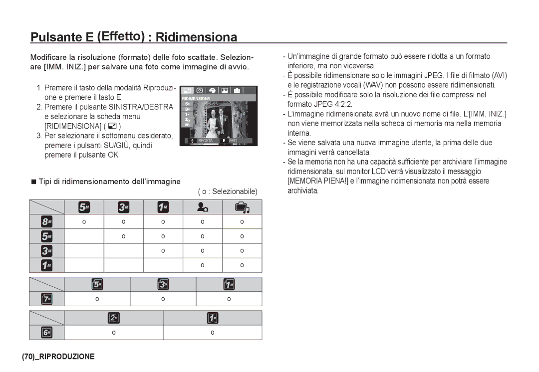 Samsung EC-I80ZZBBA/E2, EC-I80ZZSBA/E2, EC-I80ZZBDA/E3, EC-I80ZZSDA/E3, EC-I80ZZBBB/E1 manual Pulsante E Effetto Ridimensiona 