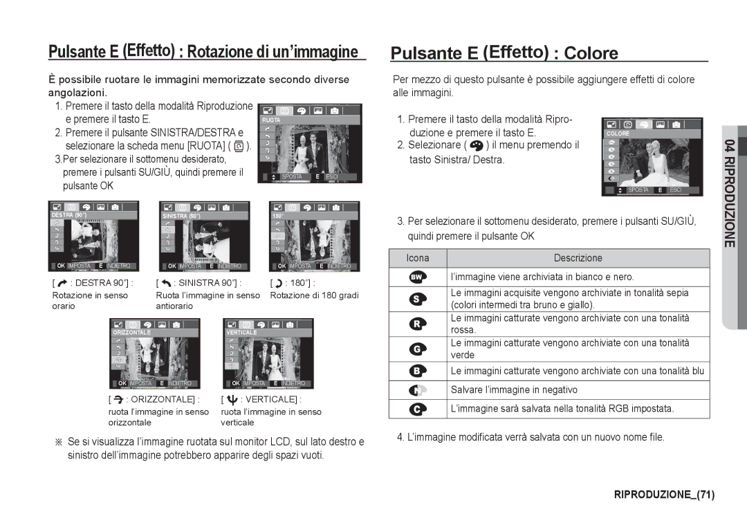 Samsung EC-I80ZZBDA/E3, EC-I80ZZSBA/E2 Pulsante E Effetto Colore, Selezionare Il menu premendo il Tasto Sinistra/ Destra 