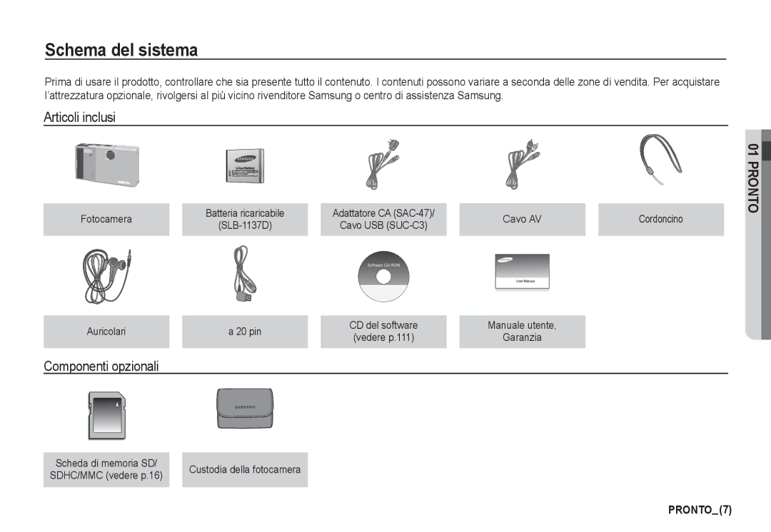 Samsung EC-I80ZZSBA/IT, EC-I80ZZSBA/E2, EC-I80ZZBBA/E2 manual Schema del sistema, Articoli inclusi, Componenti opzionali 