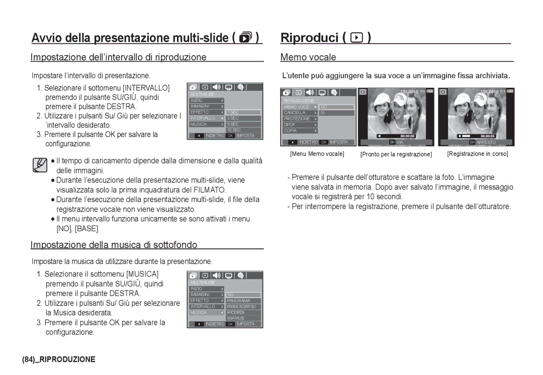 Samsung EC-I80ZZSBA/E1 Riproduci à, Impostazione dell’intervallo di riproduzione, Impostazione della musica di sottofondo 