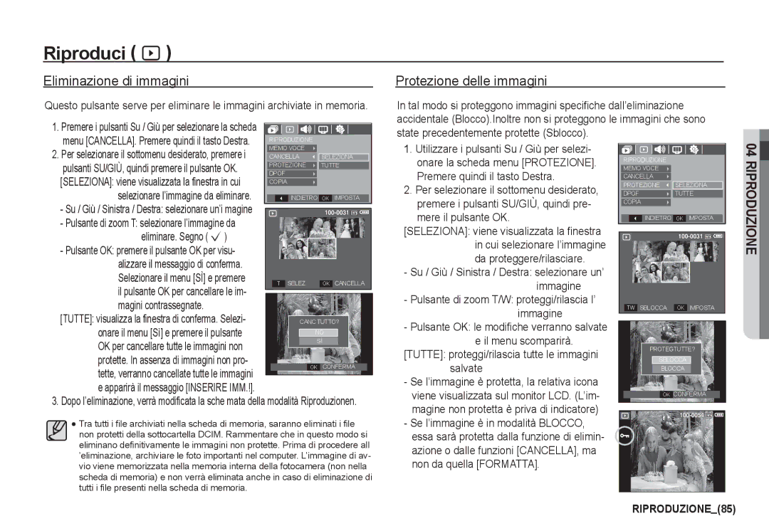 Samsung EC-I80ZZBBC/E1 manual Eliminazione di immagini Protezione delle immagini, Eliminare. Segno Ë, Magini contrassegnate 