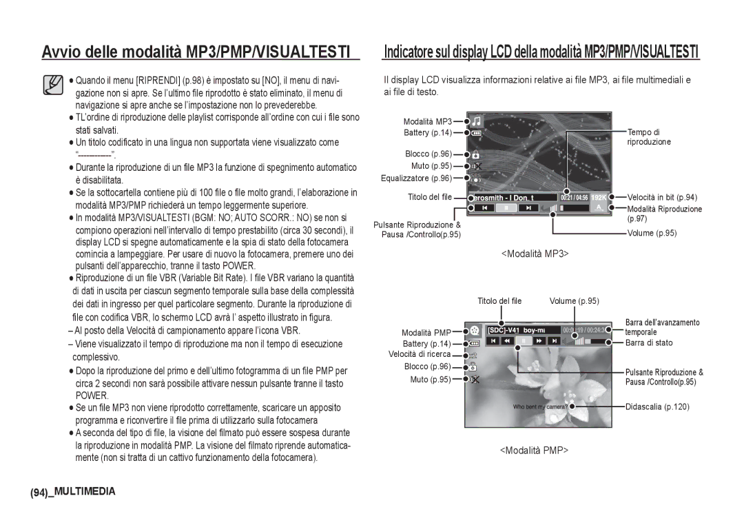 Samsung EC-I80ZZSBA/E1, EC-I80ZZSBA/E2, EC-I80ZZBBA/E2, EC-I80ZZBDA/E3 manual Avvio delle modalità MP3/PMP/VISUALTESTI 