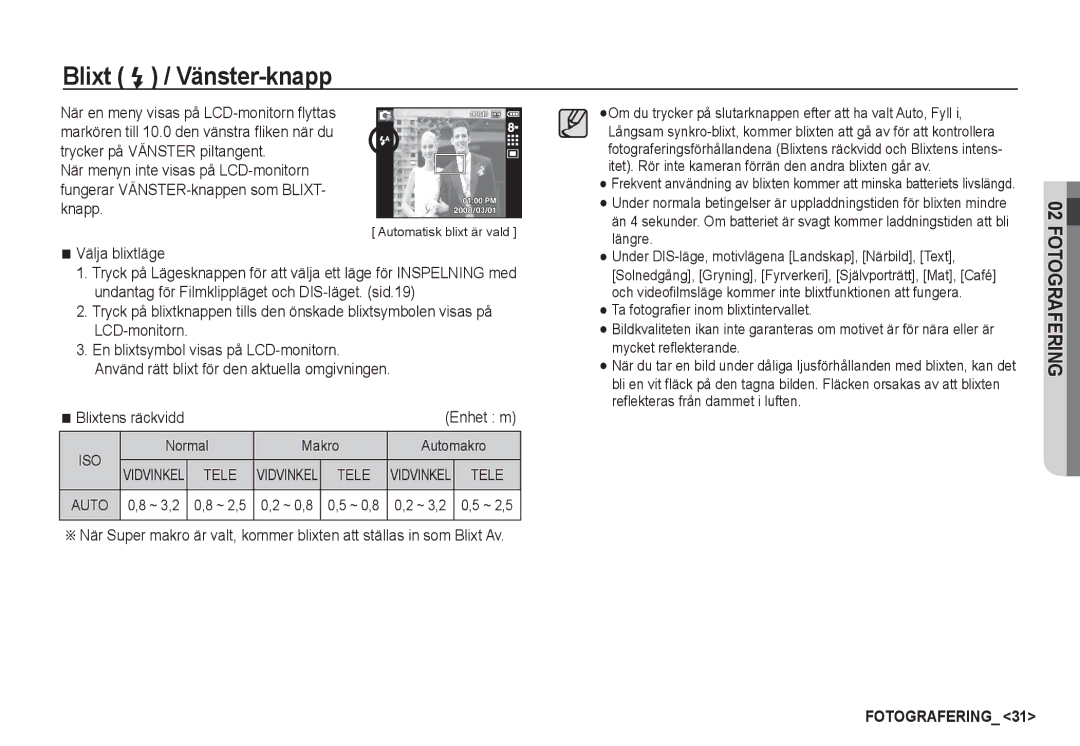 Samsung EC-I80ZZSBA/E2, EC-I80ZZBBA/E2, EC-I80ZZBDA/E3, EC-I80ZZSDA/E3 manual Blixt / Vänster-knapp, Välja blixtläge 