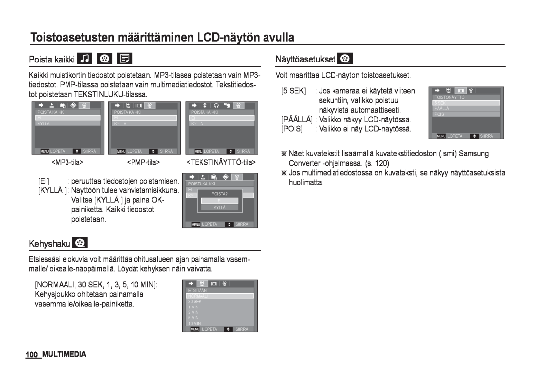 Samsung EC-I80ZZBBA/E2 manual Toistoasetusten määrittäminen LCD-näytön avulla, Poista kaikki, Näyttöasetukset, Kehyshaku 