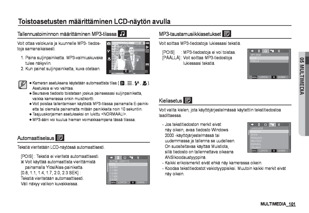 Samsung EC-I80ZZBDA/E3 manual Tallennustoiminnon määrittäminen MP3-tilassa, MP3-taustamusiikkiasetukset, Automaattiselaus 