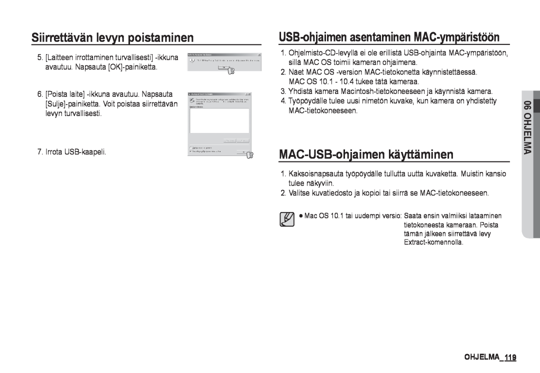 Samsung EC-I80ZZSBA/E2 manual MAC-USB-ohjaimen käyttäminen, USB-ohjaimen asentaminen MAC-ympäristöön, OHJELMA119, Ohjelma 