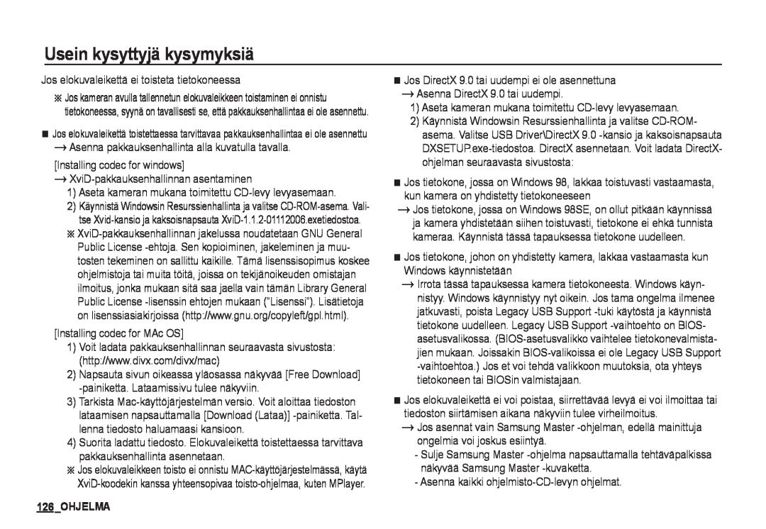 Samsung EC-I80ZZSDA/E3, EC-I80ZZSBA/E2, EC-I80ZZBBA/E2, EC-I80ZZBDA/E3 manual Ohjelma, Usein kysyttyjä kysymyksiä 