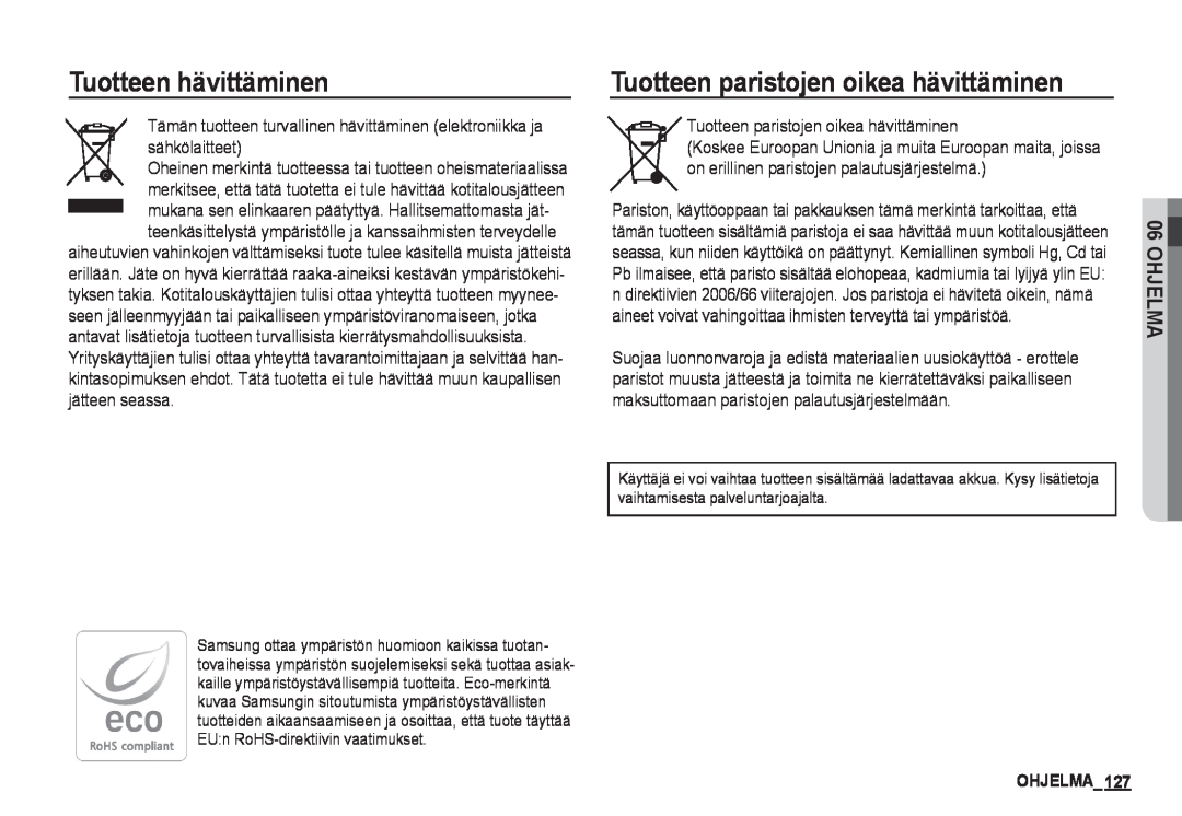 Samsung EC-I80ZZSBA/E2, EC-I80ZZBBA/E2 Tuotteen hävittäminen, Tuotteen paristojen oikea hävittäminen, OHJELMA127, Ohjelma 