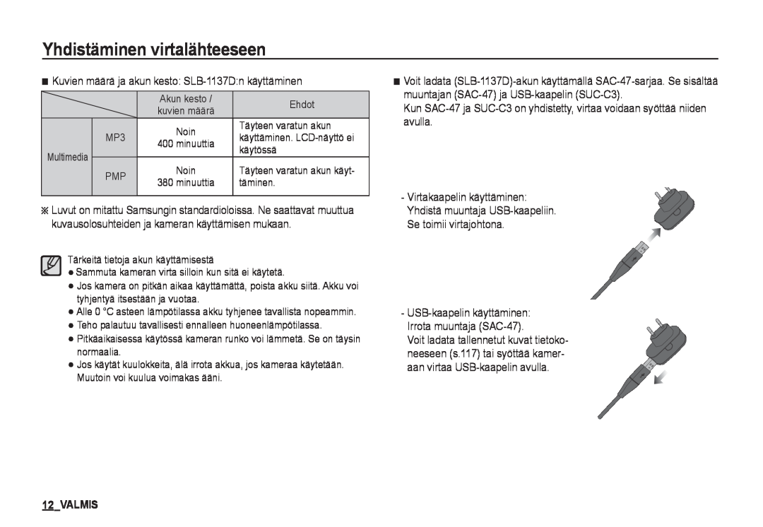 Samsung EC-I80ZZBBA/E2, EC-I80ZZSBA/E2, EC-I80ZZBDA/E3, EC-I80ZZSDA/E3 manual Valmis, Yhdistäminen virtalähteeseen 