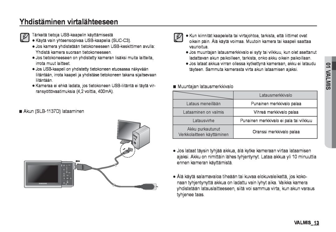 Samsung EC-I80ZZBDA/E3, EC-I80ZZSBA/E2 manual VALMIS13, Yhdistäminen virtalähteeseen, Valmis, Akun SLB-1137D lataaminen 