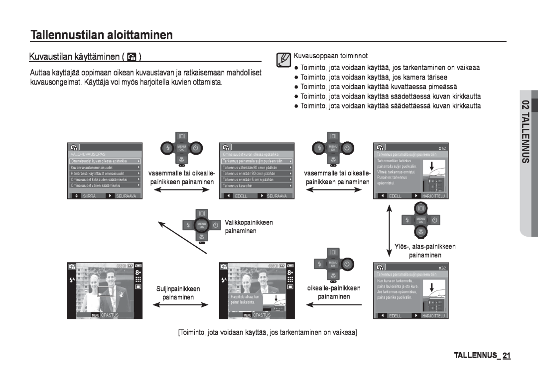 Samsung EC-I80ZZBDA/E3, EC-I80ZZSBA/E2 manual Kuvaustilan käyttäminen, Tallennustilan aloittaminen, Kuvausoppaan toiminnot 