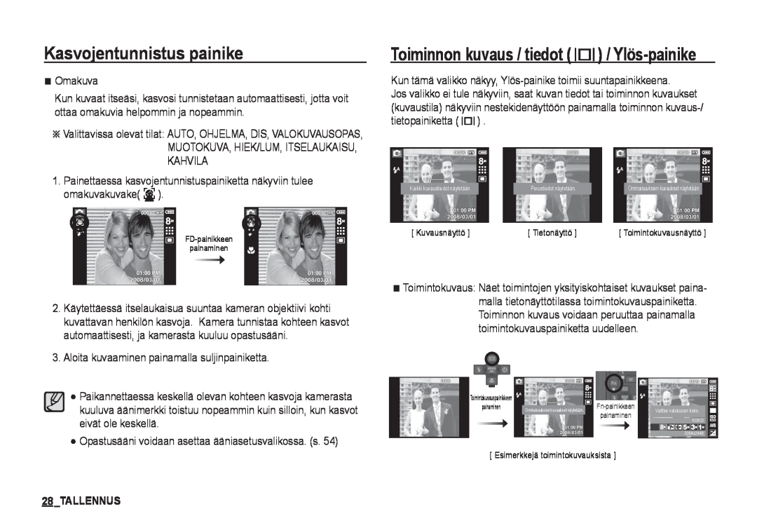 Samsung EC-I80ZZBBA/E2, EC-I80ZZSBA/E2 manual Toiminnon kuvaus / tiedot / Ylös-painike, Tallennus, Kasvojentunnistus painike 