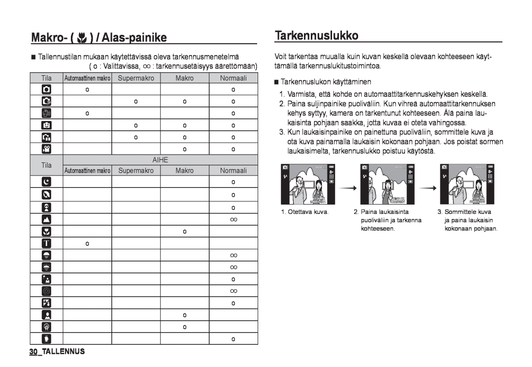 Samsung EC-I80ZZSDA/E3, EC-I80ZZSBA/E2, EC-I80ZZBBA/E2, EC-I80ZZBDA/E3 Tarkennuslukko, Tallennus, Makro- e / Alas-painike 