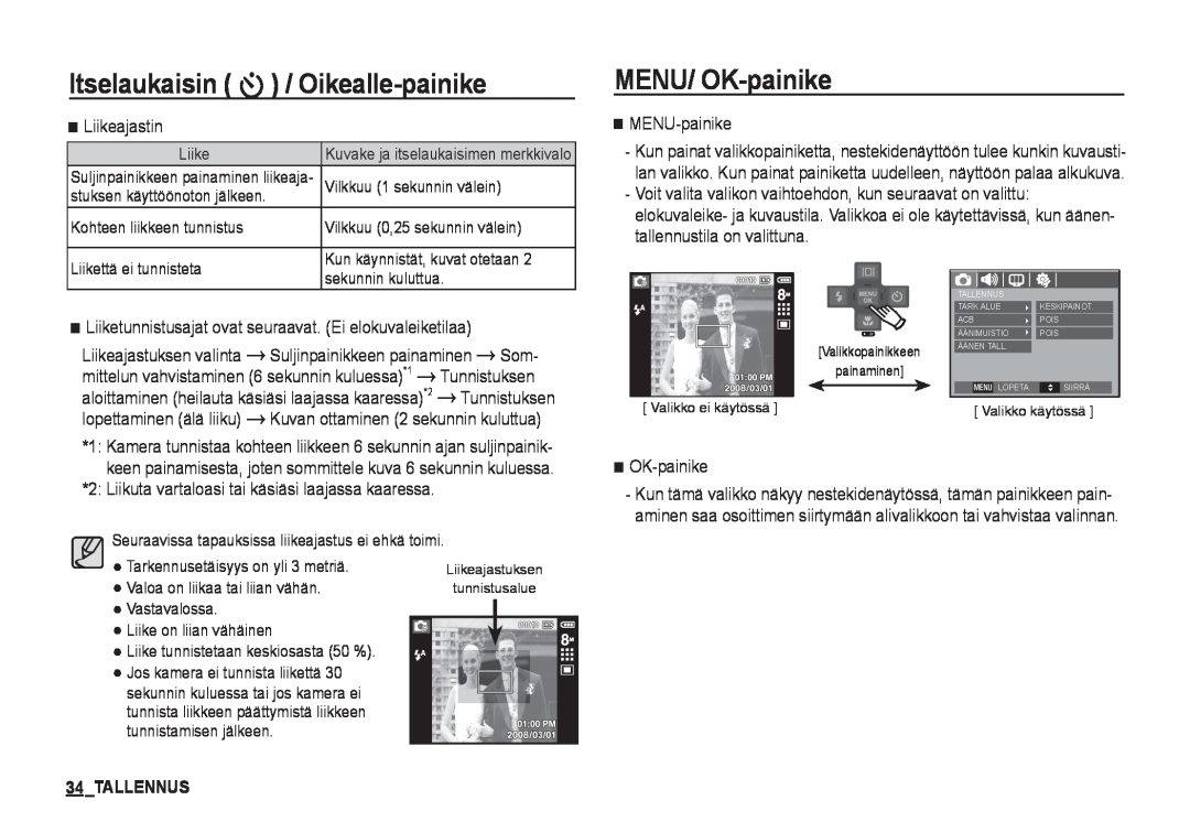 Samsung EC-I80ZZSDA/E3 manual MENU/ OK-painike, Tallennus, Itselaukaisin / Oikealle-painike, Liikeajastin, MENU-painike 