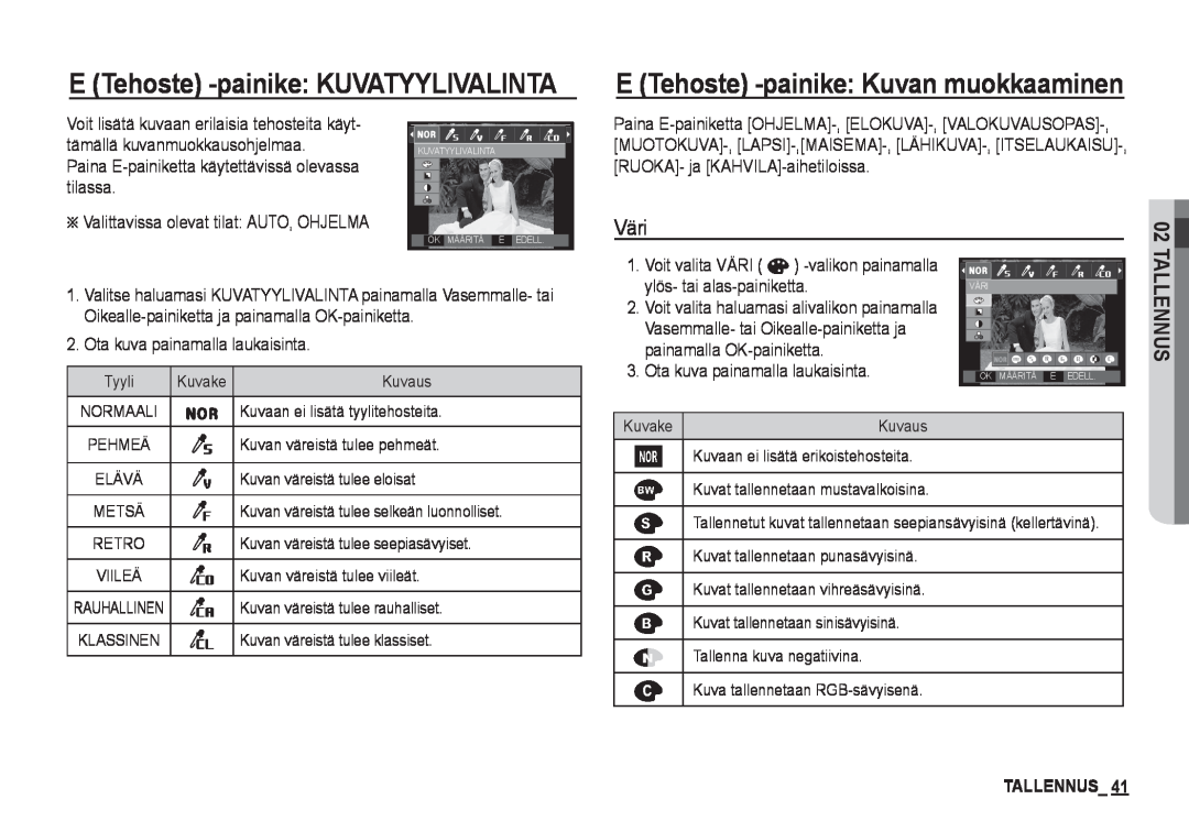 Samsung EC-I80ZZBDA/E3 manual E Tehoste -painike KUVATYYLIVALINTA, E Tehoste -painike Kuvan muokkaaminen, Väri, Tallennus 