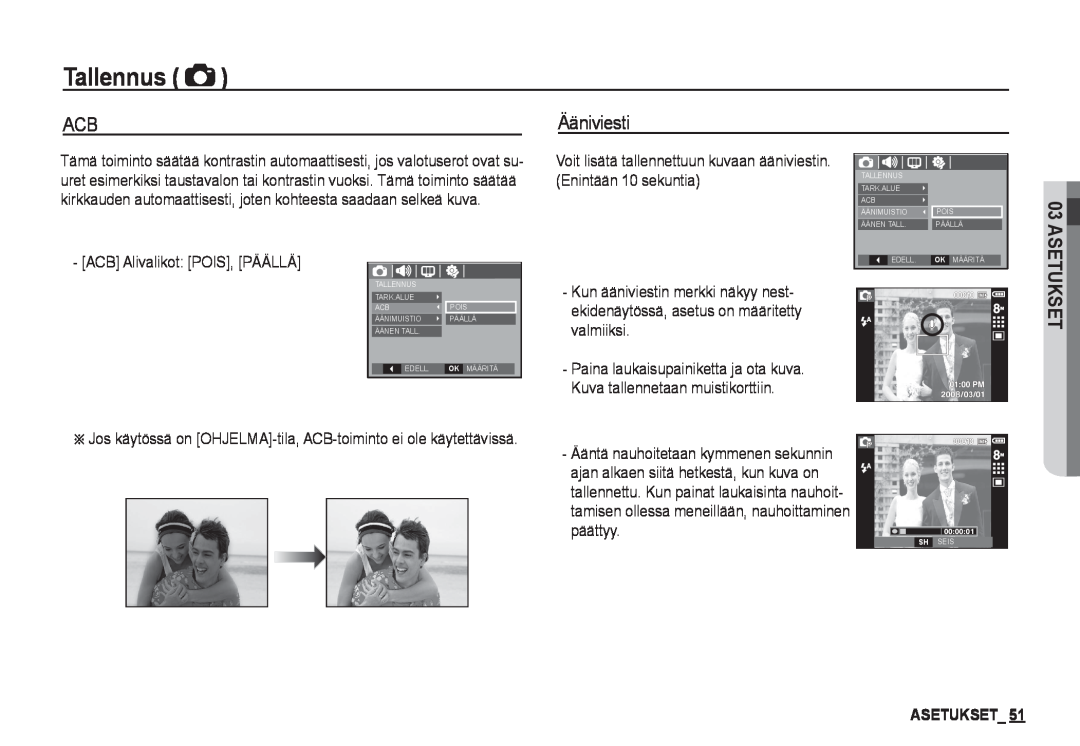 Samsung EC-I80ZZSBA/E2, EC-I80ZZBBA/E2, EC-I80ZZBDA/E3, EC-I80ZZSDA/E3 manual Ääniviesti, Asetukset, Tallennus 