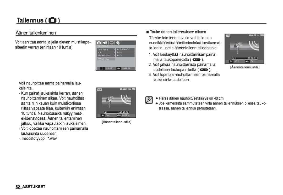 Samsung EC-I80ZZBBA/E2, EC-I80ZZSBA/E2, EC-I80ZZBDA/E3, EC-I80ZZSDA/E3 manual Äänen tallentaminen, Asetukset, Tallennus 