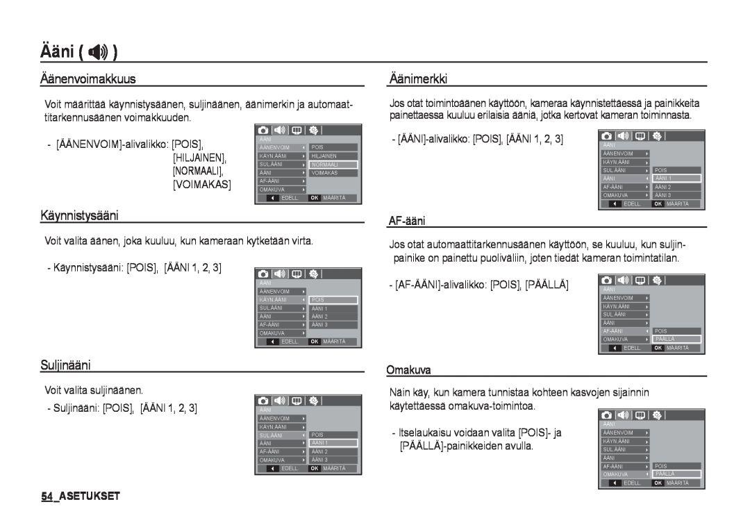 Samsung EC-I80ZZSDA/E3 manual Ääni , Äänenvoimakkuus, Äänimerkki, Käynnistysääni, Suljinääni, AF-ääni, Omakuva, Asetukset 