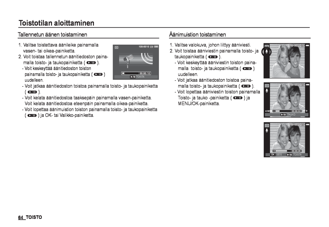 Samsung EC-I80ZZBBA/E2 manual Tallennetun äänen toistaminen, Äänimuistion toistaminen, Toistotilan aloittaminen 