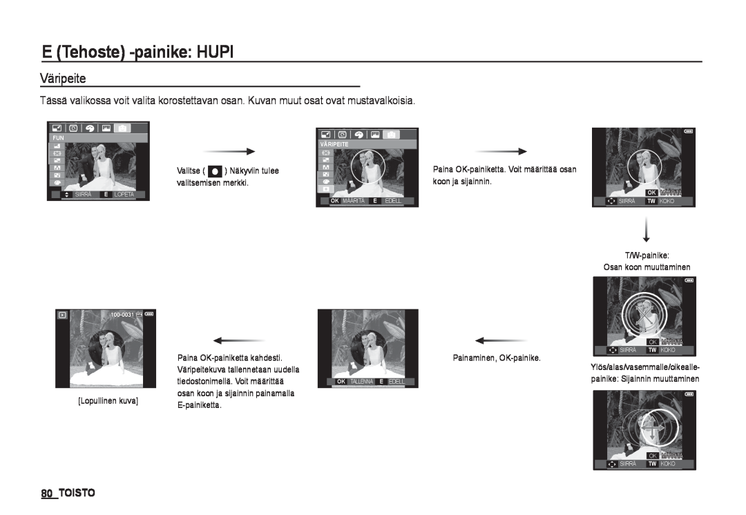 Samsung EC-I80ZZBBA/E2, EC-I80ZZSBA/E2 manual Toisto, E Tehoste -painike HUPI, Väripeitekuva tallennetaan uudella 