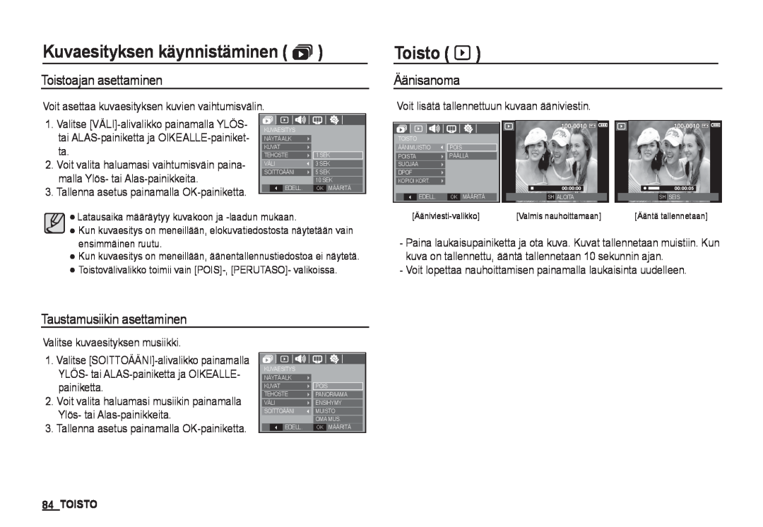 Samsung EC-I80ZZBBA/E2, EC-I80ZZSBA/E2 manual Toisto à, Toistoajan asettaminen, Äänisanoma, Taustamusiikin asettaminen 