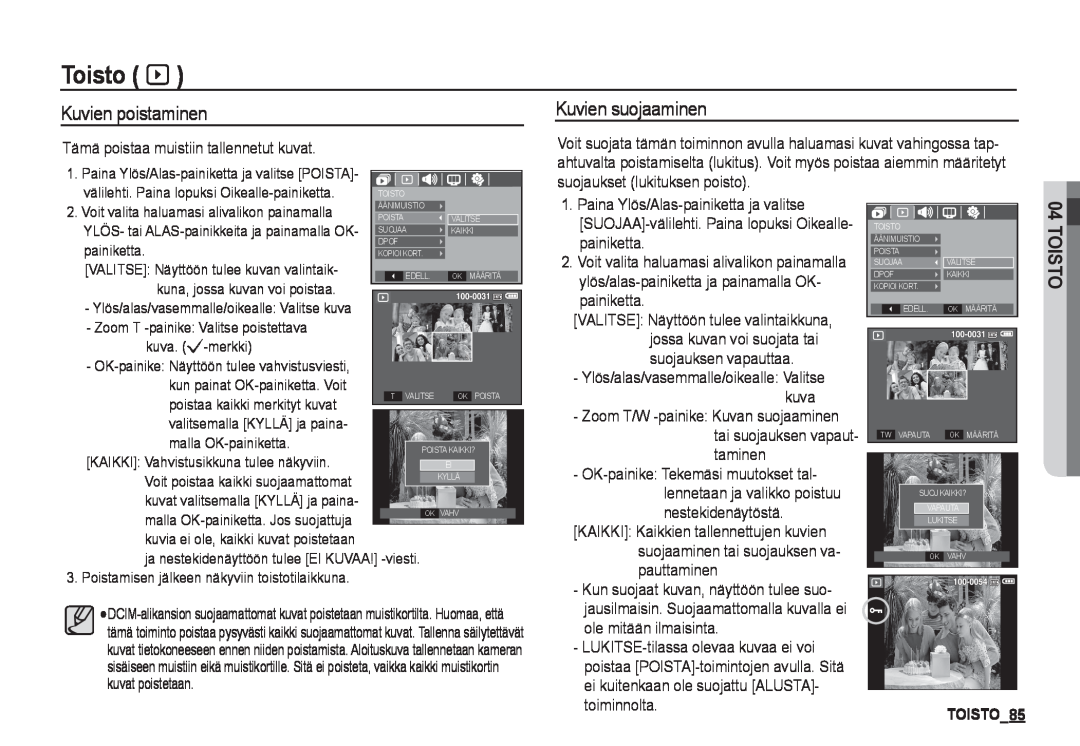 Samsung EC-I80ZZBDA/E3, EC-I80ZZSBA/E2, EC-I80ZZBBA/E2, EC-I80ZZSDA/E3 manual Kuvien poistaminen, Kuvien suojaaminen, Toisto à 