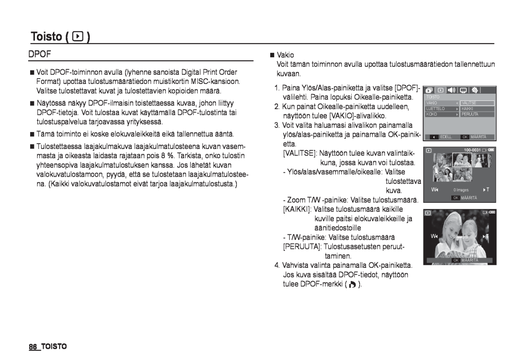 Samsung EC-I80ZZSDA/E3, EC-I80ZZSBA/E2, EC-I80ZZBBA/E2, EC-I80ZZBDA/E3 manual Dpof, Toisto à 