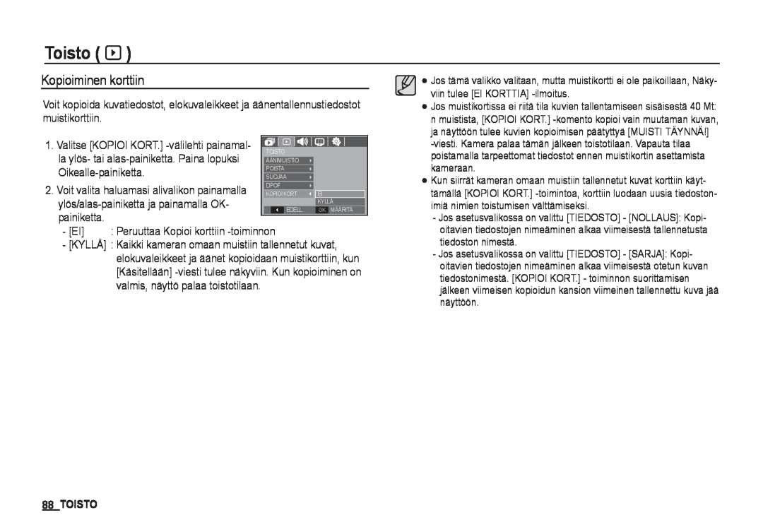 Samsung EC-I80ZZBBA/E2, EC-I80ZZSBA/E2, EC-I80ZZBDA/E3, EC-I80ZZSDA/E3 manual Kopioiminen korttiin, Toisto à 