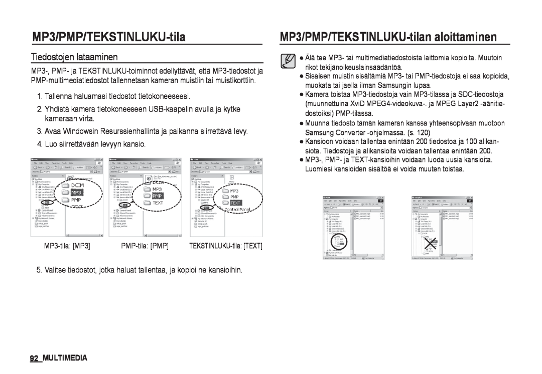 Samsung EC-I80ZZBBA/E2, EC-I80ZZSBA/E2 manual MP3/PMP/TEKSTINLUKU-tilan aloittaminen, Tiedostojen lataaminen, Multimedia 