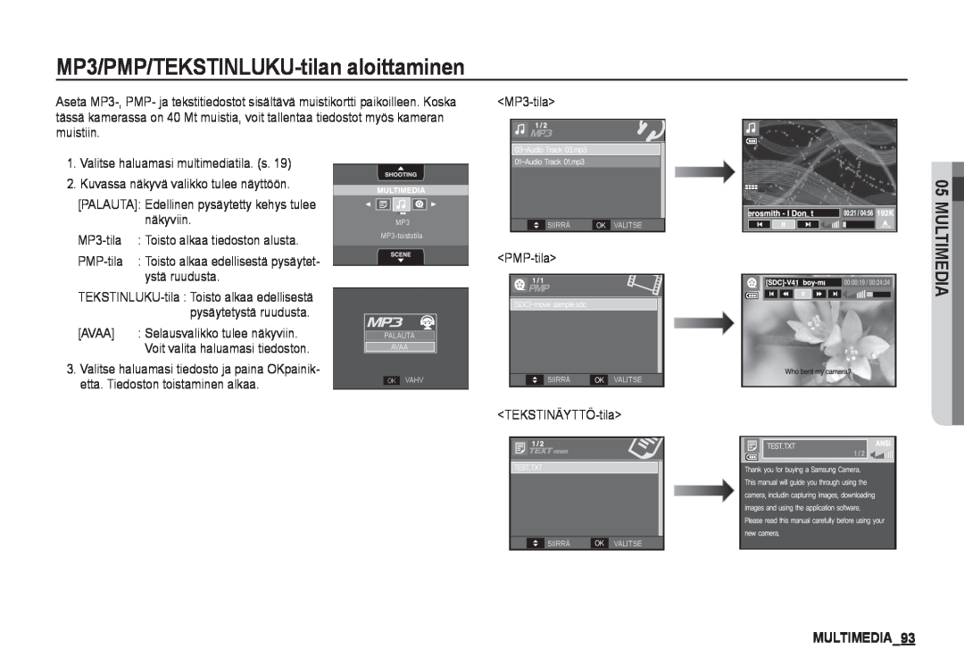 Samsung EC-I80ZZBDA/E3, EC-I80ZZSBA/E2 MULTIMEDIA93, MP3/PMP/TEKSTINLUKU-tilan aloittaminen, Toisto alkaa tiedoston alusta 