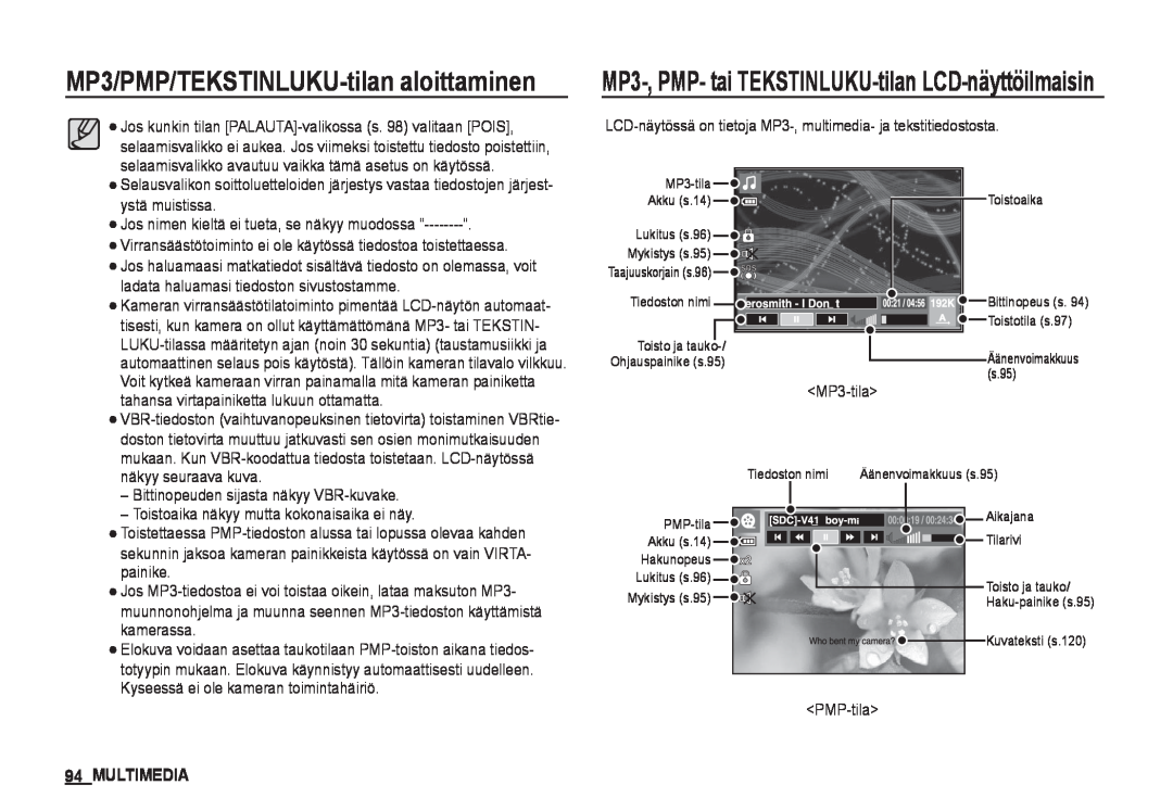Samsung EC-I80ZZSDA/E3 manual MP3/PMP/TEKSTINLUKU-tilan aloittaminen, MP3-, PMP- tai TEKSTINLUKU-tilan LCD-näyttöilmaisin 
