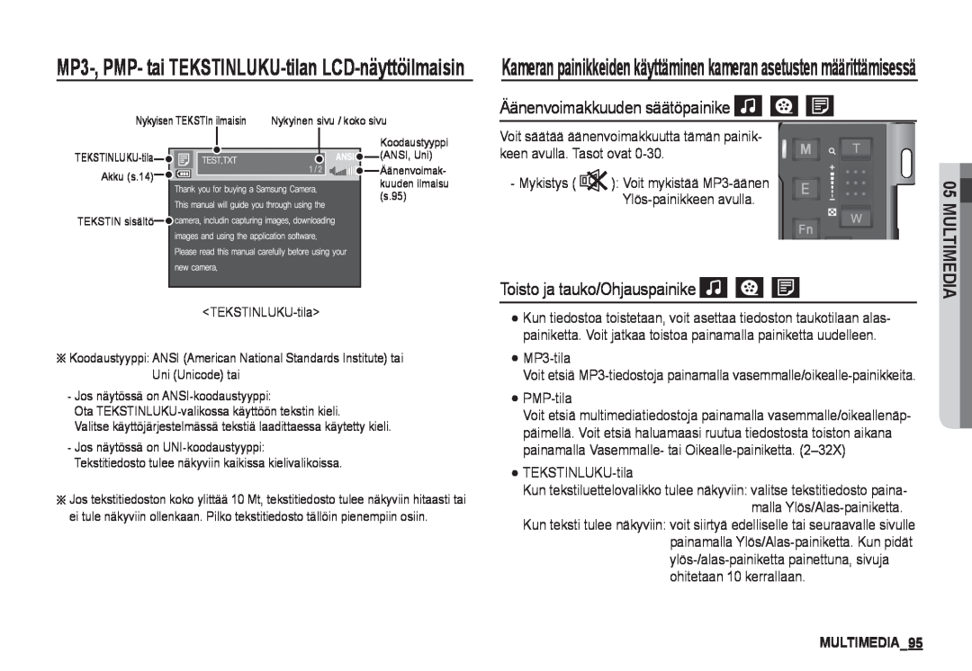 Samsung EC-I80ZZSBA/E2 manual Äänenvoimakkuuden säätöpainike, Toisto ja tauko/Ohjauspainike, MULTIMEDIA95, Multimedia 
