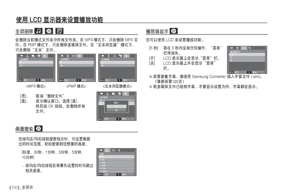 Samsung EC-I80ZZBBA/FR, EC-I80ZZSBA/FR, EC-I80ZZBDA/E3, EC-I80ZZSDA/E3 manual 全部删除, 播放器显示, 画面搜索 