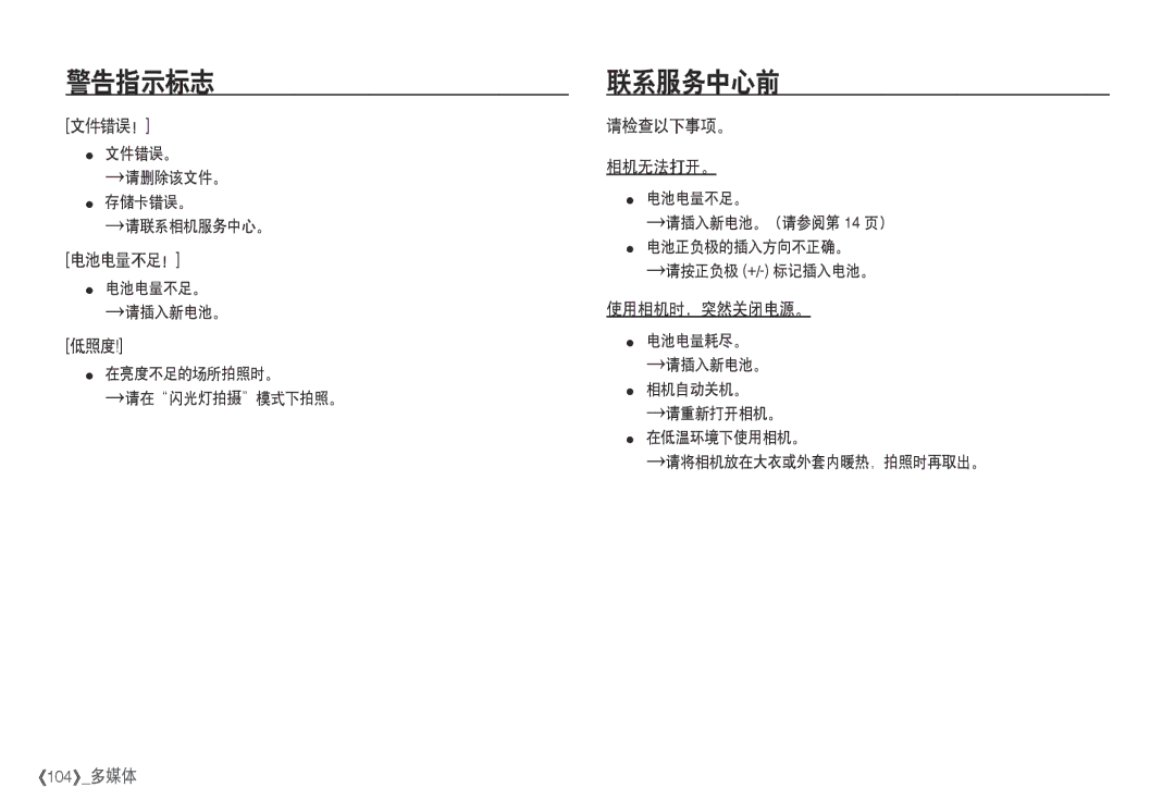 Samsung EC-I80ZZBBA/FR, EC-I80ZZSBA/FR, EC-I80ZZBDA/E3 manual 联系服务中心前, 文件错误！, 电池电量不足！, 请检查以下事项。 相机无法打开。, 使用相机时，突然关闭电源。 