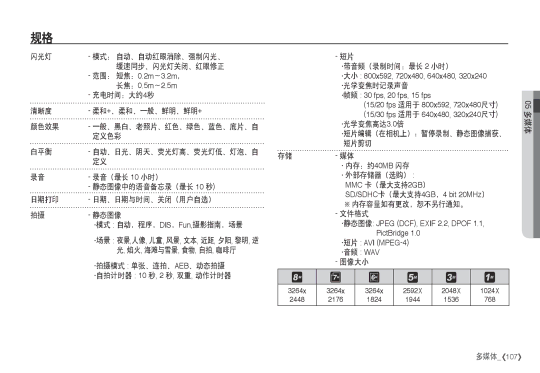 Samsung EC-I80ZZSBA/FR 闪光灯 模式： 自动、自动红眼消除、强制闪光、 缓速同步、闪光灯关闭、红眼修正, 充电时间：大约4秒 清晰度, 颜色效果, 静态图像中的语音备忘录（最长 10 秒, 自动，程序，, 短片剪切 