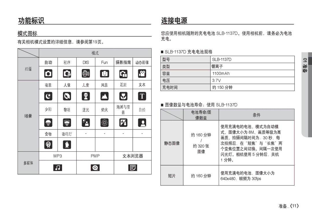 Samsung EC-I80ZZSBA/FR, EC-I80ZZBBA/FR manual 连接电源, 模式图标, 您应使用相机随附的充电电池 SLB-1137D。使用相机前，请务必为电池 充电。, 图像数量与电池寿命：使用 SLB-1137D 