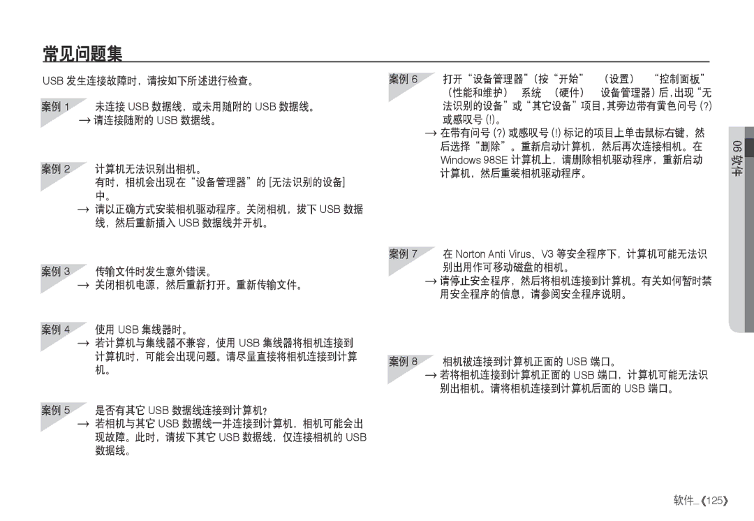 Samsung EC-I80ZZBDA/E3, EC-I80ZZSBA/FR, EC-I80ZZBBA/FR manual 常见问题集, 案例 5 是否有其它 USB 数据线连接到计算机？, 相机被连接到计算机正面的 Usb 端口。 