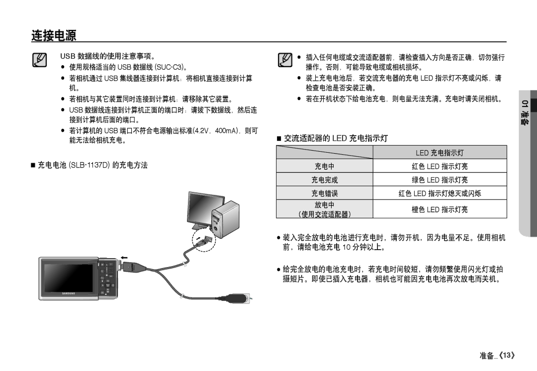 Samsung EC-I80ZZBDA/E3, EC-I80ZZSBA/FR, EC-I80ZZBBA/FR, EC-I80ZZSDA/E3 manual 充电电池 SLB-1137D 的充电方法, 交流适配器的 Led 充电指示灯 