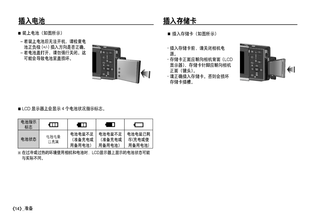 Samsung EC-I80ZZSDA/E3 manual 插入电池, 装上电池（如图所示）, 若电池盖打开，请勿强行关闭。这 可能会导致电池室盖损坏。 LCD 显示器上会显示 4 个电池状况指示标志。, 插入存储卡（如图所示） 