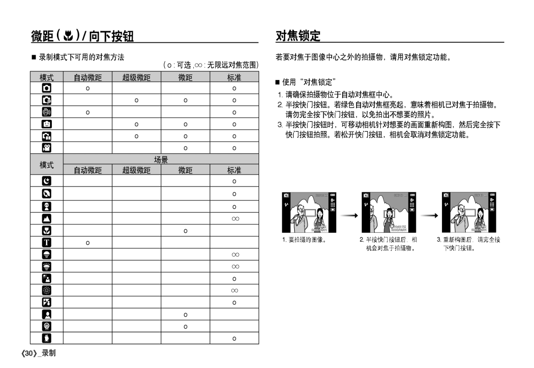 Samsung EC-I80ZZSDA/E3, EC-I80ZZSBA/FR, EC-I80ZZBBA/FR 录制模式下可用的对焦方法, 若要对焦于图像中心之外的拍摄物，请用对焦锁定功能。 使用对焦锁定 请确保拍摄物位于自动对焦框中心。 