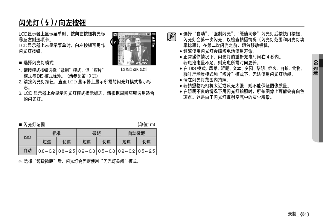 Samsung EC-I80ZZSBA/FR, EC-I80ZZBBA/FR, EC-I80ZZBDA/E3, EC-I80ZZSDA/E3 manual 闪光灯 / 向左按钮 