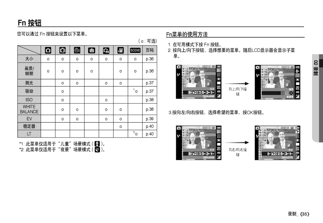 Samsung EC-I80ZZSBA/FR, EC-I80ZZBBA/FR Fn菜单的使用方法, 您可以通过 Fn 按钮来设置以下菜单。, 此菜单仅适用于儿童场景模式 。 此菜单仅适用于夜景场景模式 % 。, 在可用模式下按 Fn 按钮。 