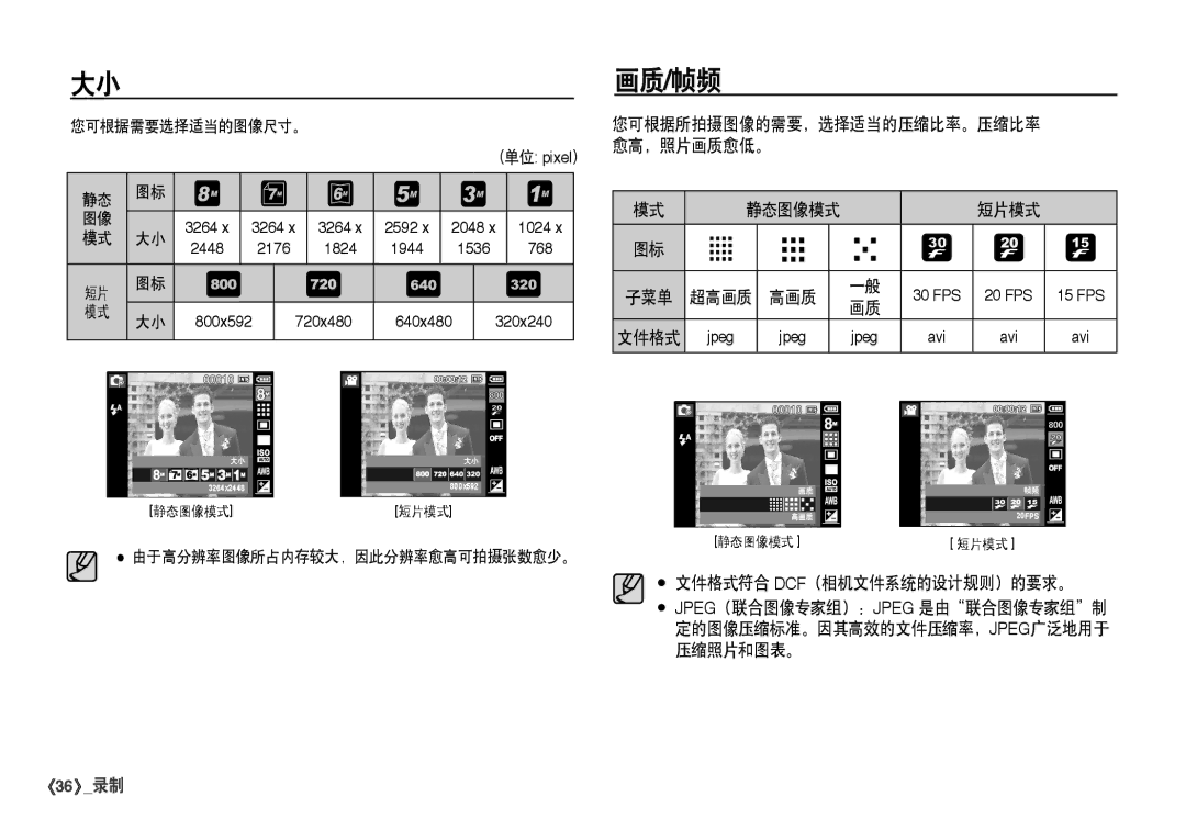 Samsung EC-I80ZZBBA/FR, EC-I80ZZSBA/FR, EC-I80ZZBDA/E3, EC-I80ZZSDA/E3 manual 画质/帧频, 短片模式, 文件格式符合 Dcf（相机文件系统的设计规则）的要求。 