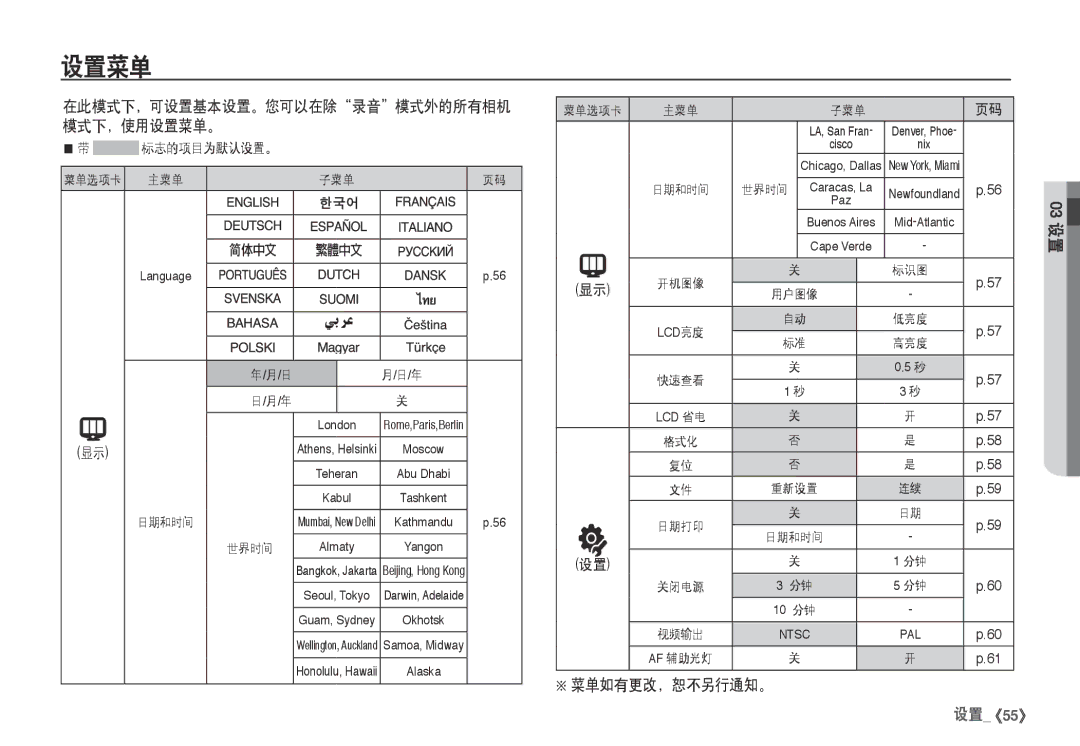 Samsung EC-I80ZZSBA/FR, EC-I80ZZBBA/FR, EC-I80ZZBDA/E3, EC-I80ZZSDA/E3 manual 设置菜单, 菜单如有更改，恕不另行通知。 