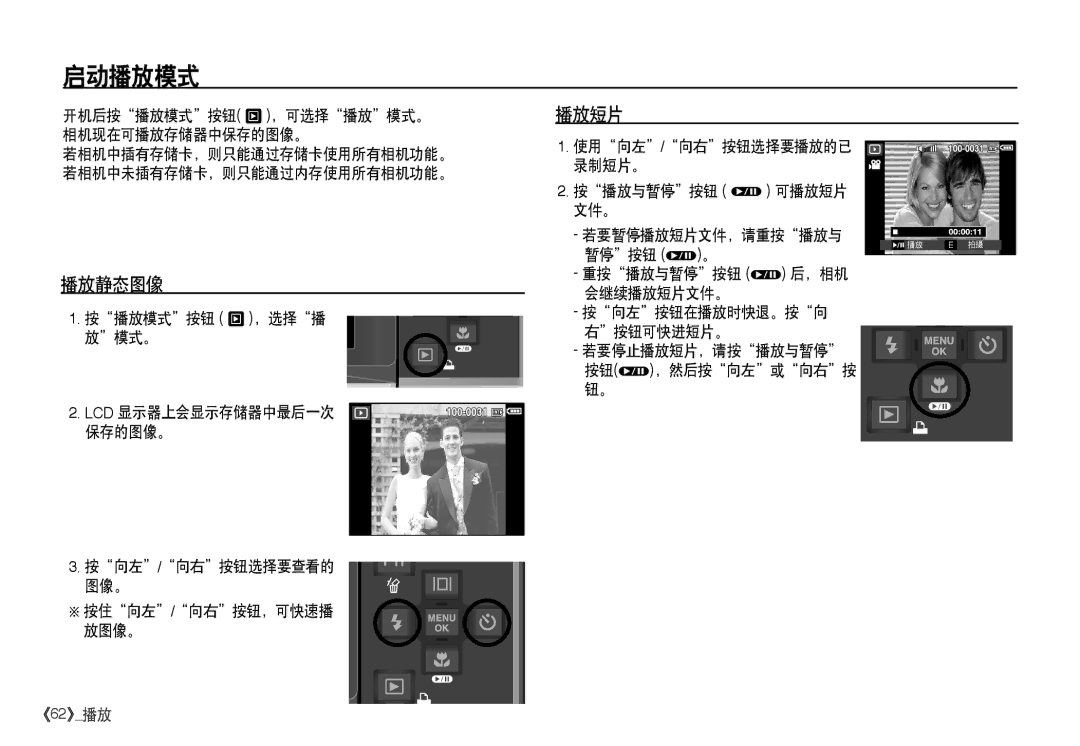 Samsung EC-I80ZZSDA/E3, EC-I80ZZSBA/FR, EC-I80ZZBBA/FR, EC-I80ZZBDA/E3 manual 启动播放模式, 播放短片, 播放静态图像 