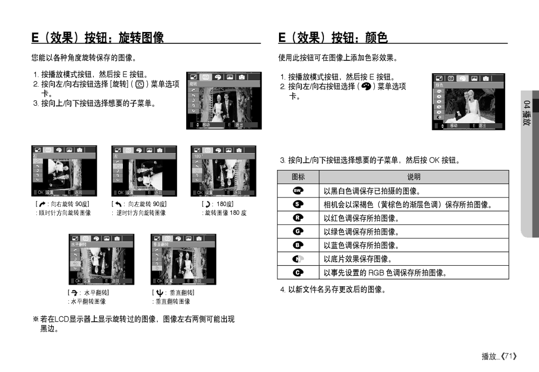 Samsung EC-I80ZZSBA/FR, EC-I80ZZBBA/FR, EC-I80ZZBDA/E3, EC-I80ZZSDA/E3 （效果）按钮：旋转图像, § 以事先设置的 Rgb 色调保存所拍图像。 以新文件名另存更改后的图像。 