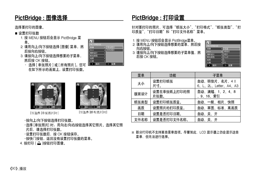 Samsung EC-I80ZZSDA/E3 选择要打印的图像。 设置打印张数, 后按向右按钮。, 然后按 Ok 按钮。, 子菜单 设置打印纸张 自动、明信片、名片、 尺寸。, 设置在单张纸上打印的照 自动、满幅、 、 、 、, 片张数。 